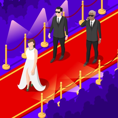 Young talents isometric background with performers on red carpet in festive apparel, spotlights, spectators vector illustration