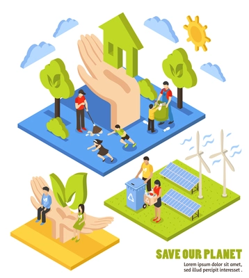 Isometric ecology illustration with adults and children human characters involved in environmental care activities with text vector illustration