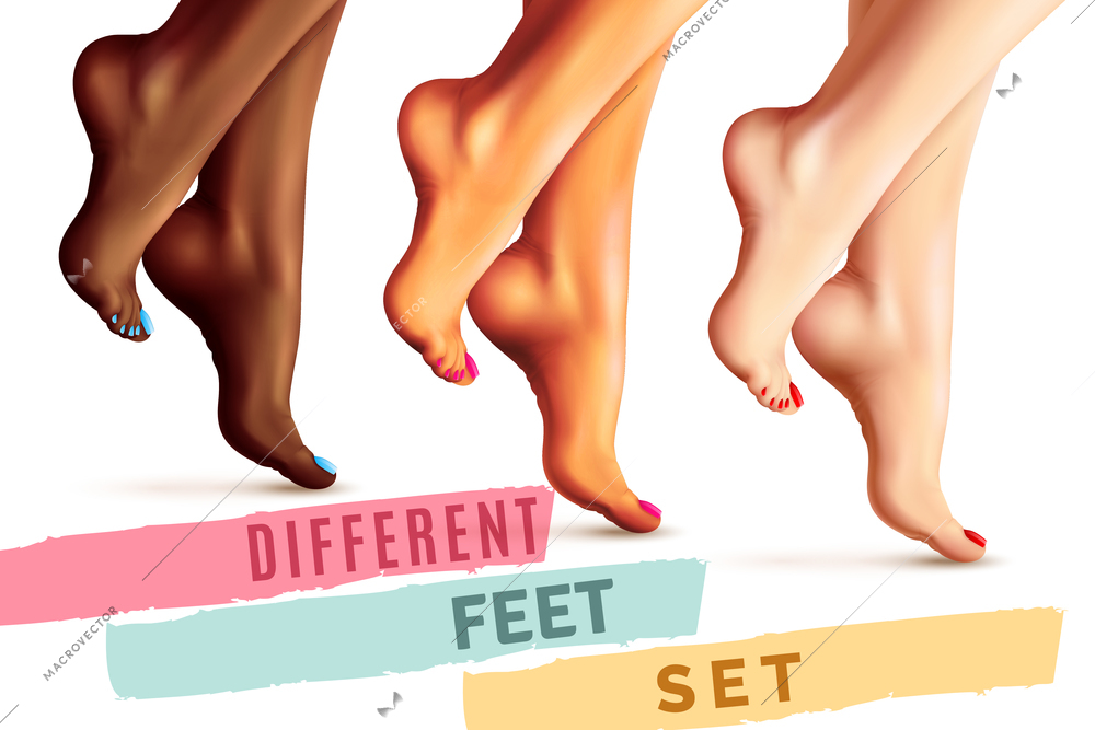 Set of female bare feet of different skin and nails colors isolated on white background vector illustration