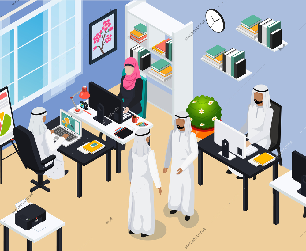 Saudi people at workplaces and during communication in modern office with blue walls isometric composition vector illustration