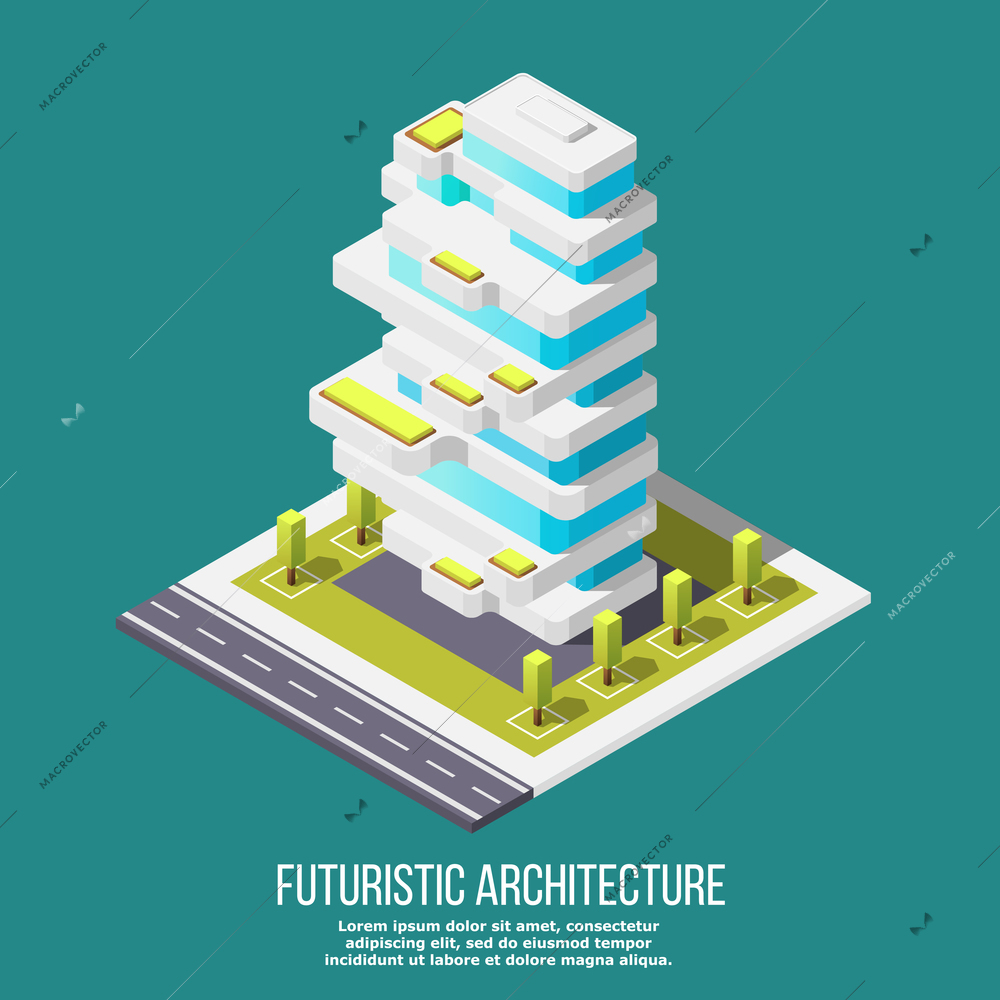 Isometric futuristic architecture composition with editable text and modern style building for residential or office use vector illustration