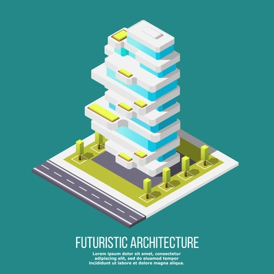 Isometric futuristic architecture composition with editable text and modern style building for residential or office use vector illustration