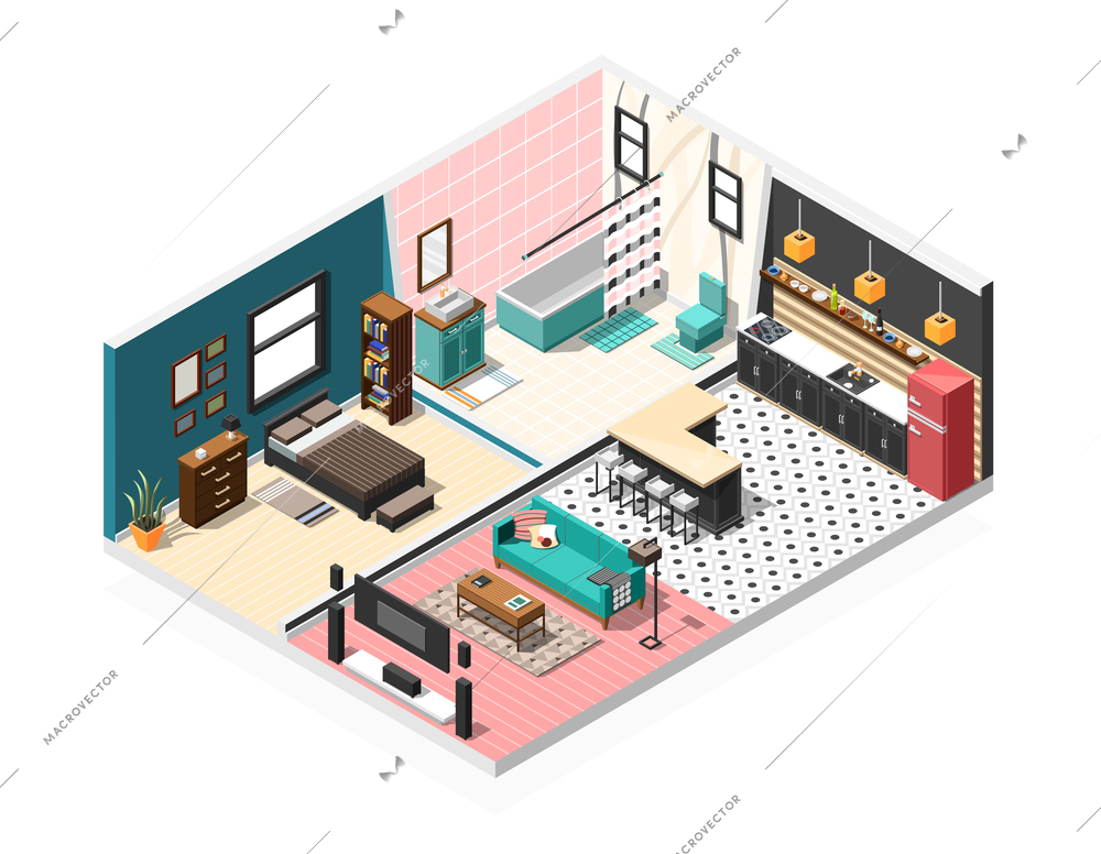 Isometric interior house rooms background composition with scenic view of private apartment with bathroom and kitchen vector illustration