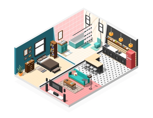 Isometric interior house rooms background composition with scenic view of private apartment with bathroom and kitchen vector illustration