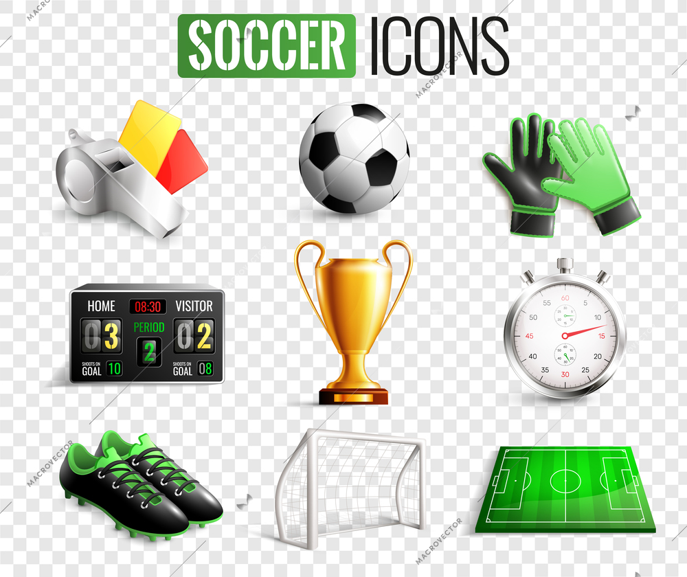 Soccer set of icons with referees objects, goal, trophy, ball, boots isolated on transparent background vector illustration