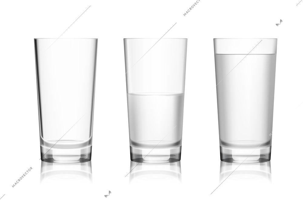 Realistic full half-full and empty glass with mineral water isolated on white background vector illustration