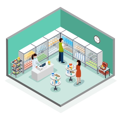 Modern pharmacy drugstore interior with customers at showcase new medication display stands and counter isometric composition vector illustration