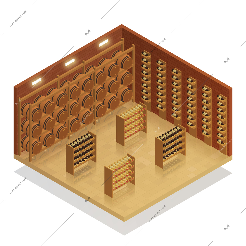 Wine cellar interior isometric composition with wooden barrels and racks of vine bottles vector illustration