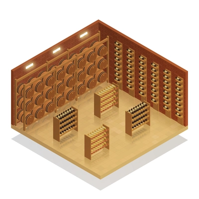 Wine cellar interior isometric composition with wooden barrels and racks of vine bottles vector illustration