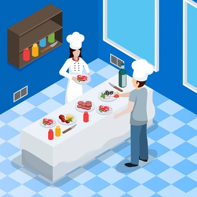 Restaurant kitchen facility interior isometric composition with lady chef in classic uniform preparing salmon dish vector illustration