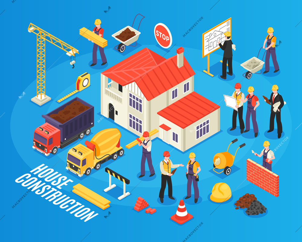 Isometric building background with figures of housebuilder workers and engineers transport construction materials and ready house vector illustration