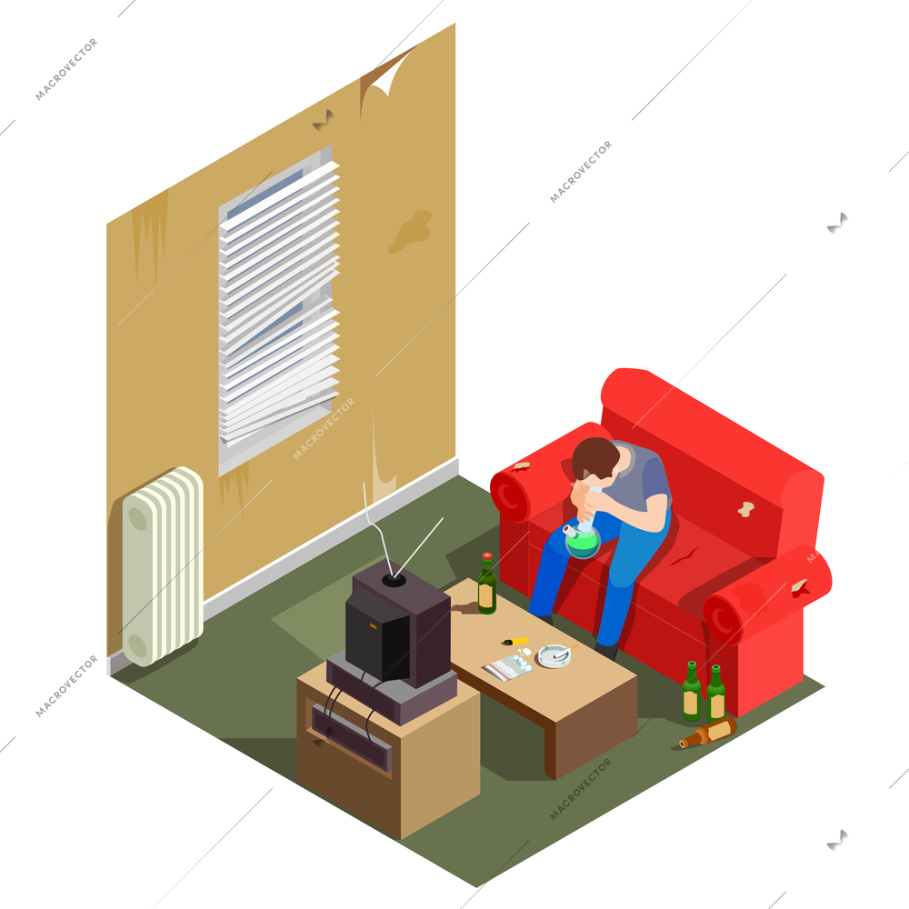 Addictions isometric composition with man on sofa, drug and cigarettes on table, alcohol on floor vector illustration