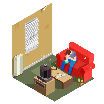 Addictions isometric composition with man on sofa, drug and cigarettes on table, alcohol on floor vector illustration