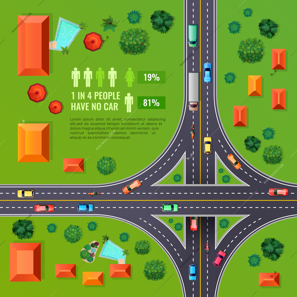 Crossroad with marking top view design with vehicles, buildings, trees, infographic elements on green background vector illustration