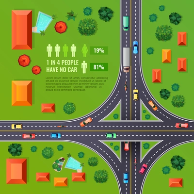 Crossroad with marking top view design with vehicles, buildings, trees, infographic elements on green background vector illustration