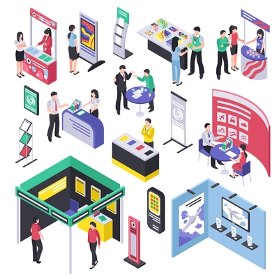Isometric expo stand trade show exhibition set of isolated exhibit racks stands booth elements and people vector illustration