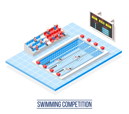 Swimming competition isometric composition with sportsmen on pool lanes, spectators on tribune, information board vector illustration