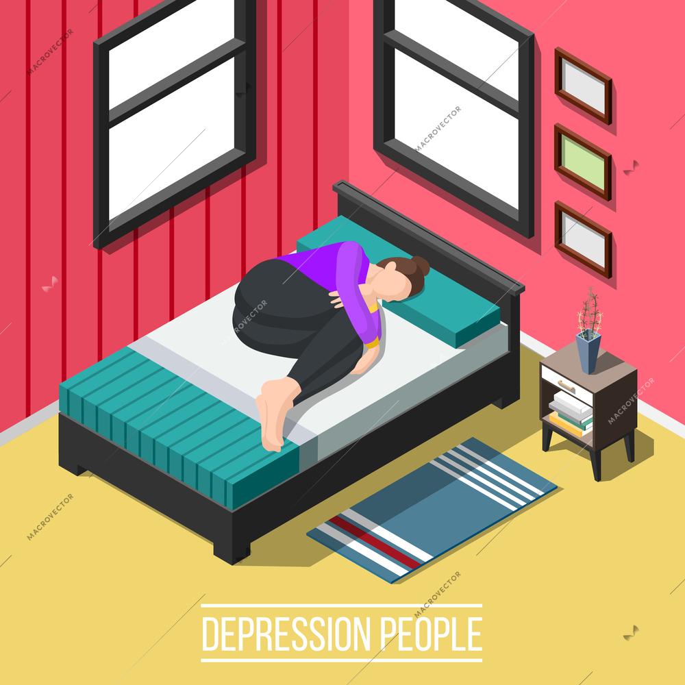 Depression people isometric background with lonely sad woman lying on bed in bent position vector illustration