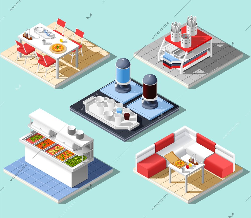 Fast food self service restaurant isometric interior composition with dining facilities pieces of furniture and platters vector illustration