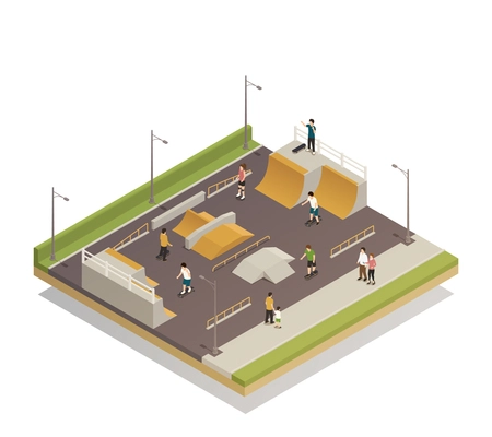 Eco riding sports ground isometric composition with technical facilities for roller and skateboard training vector illustration