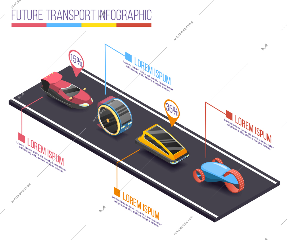 Future transport isometric infographic composition with colourful futuristic cars on motorway connected with editable text captions vector illustration