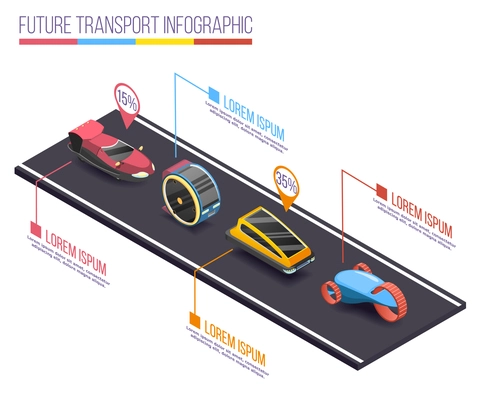 Future transport isometric infographic composition with colourful futuristic cars on motorway connected with editable text captions vector illustration