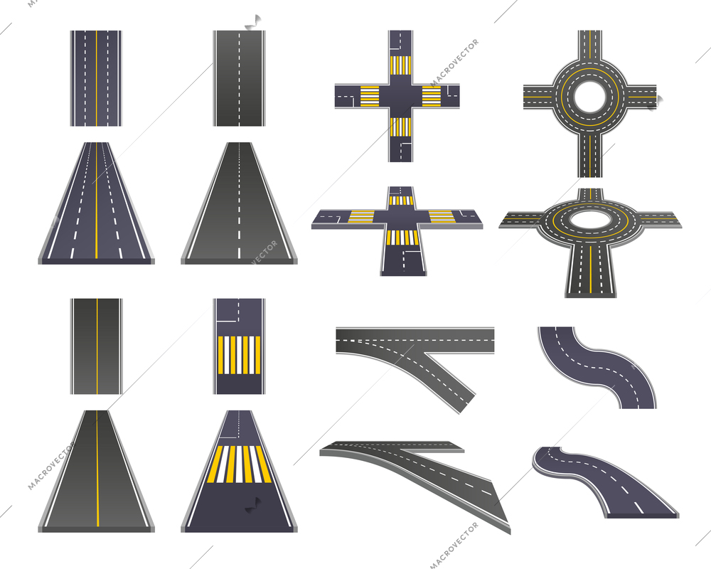 Set of asphalt road parts with marking perspective and top view isolated on white background vector illustration