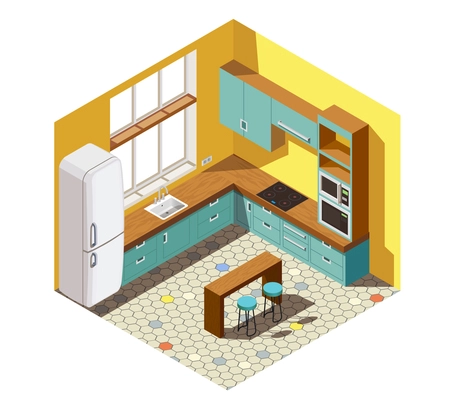 Kitchen interior with turquoise brown furniture, domestic appliances, yellow walls and tiled floor isometric composition vector illustration