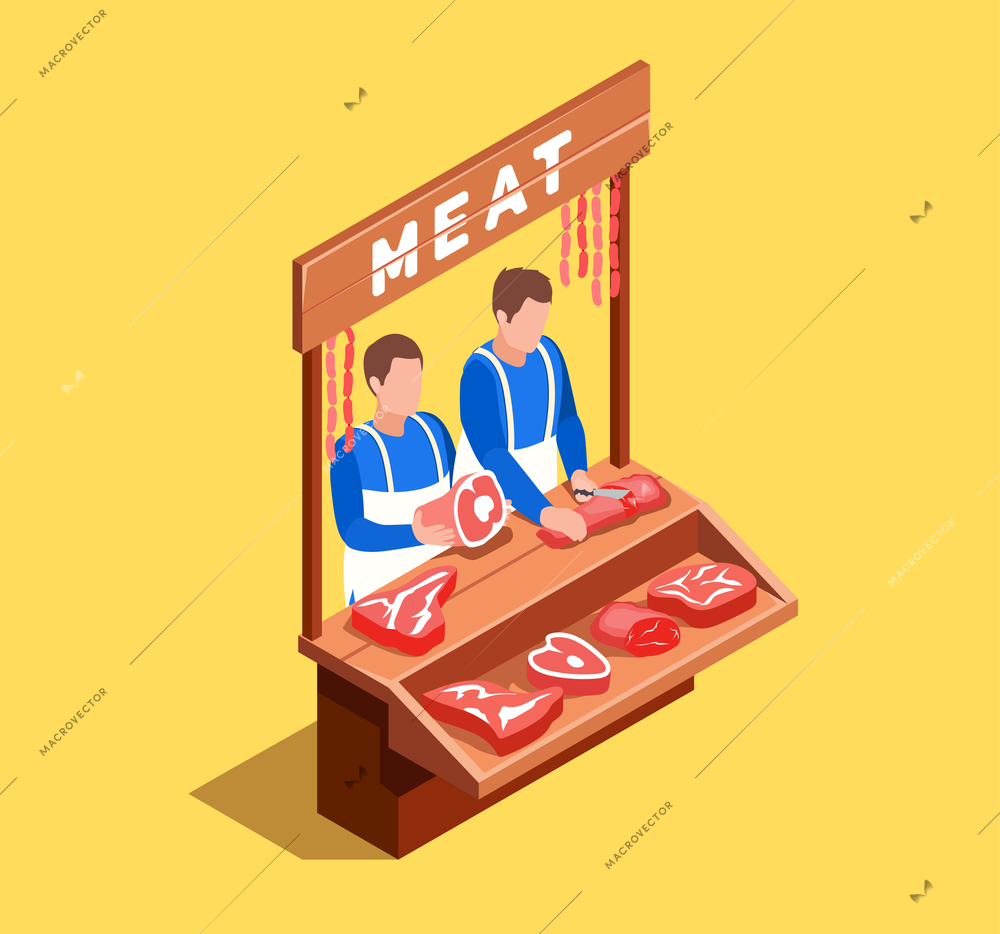 Selling meat isometric composition on yellow background with butchers near counter with sausages, beef, pork vector illustration