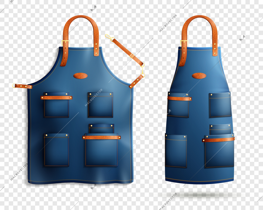 Set of realistic blue aprons with pockets, leather loop and belt isolated on transparent background vector illustration