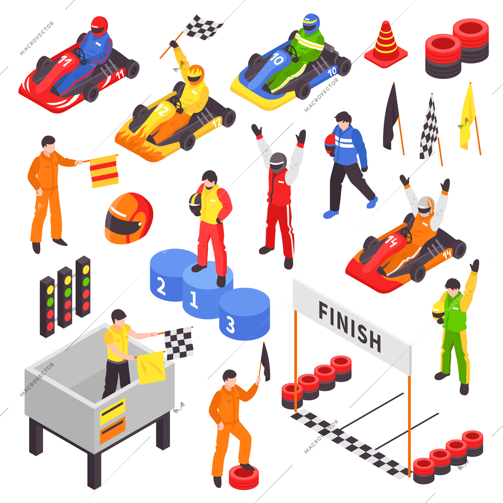 Isometric carting sport elements set with isolated images of racers flags with uniform and race course vector illustration