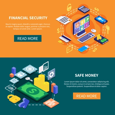 Financial security and safe money transaction isometric banners 3d isolated vector illustration