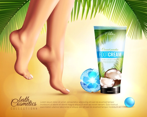 Ad poster with realistic female feet and care cream with coconut on sand color background vector illustration