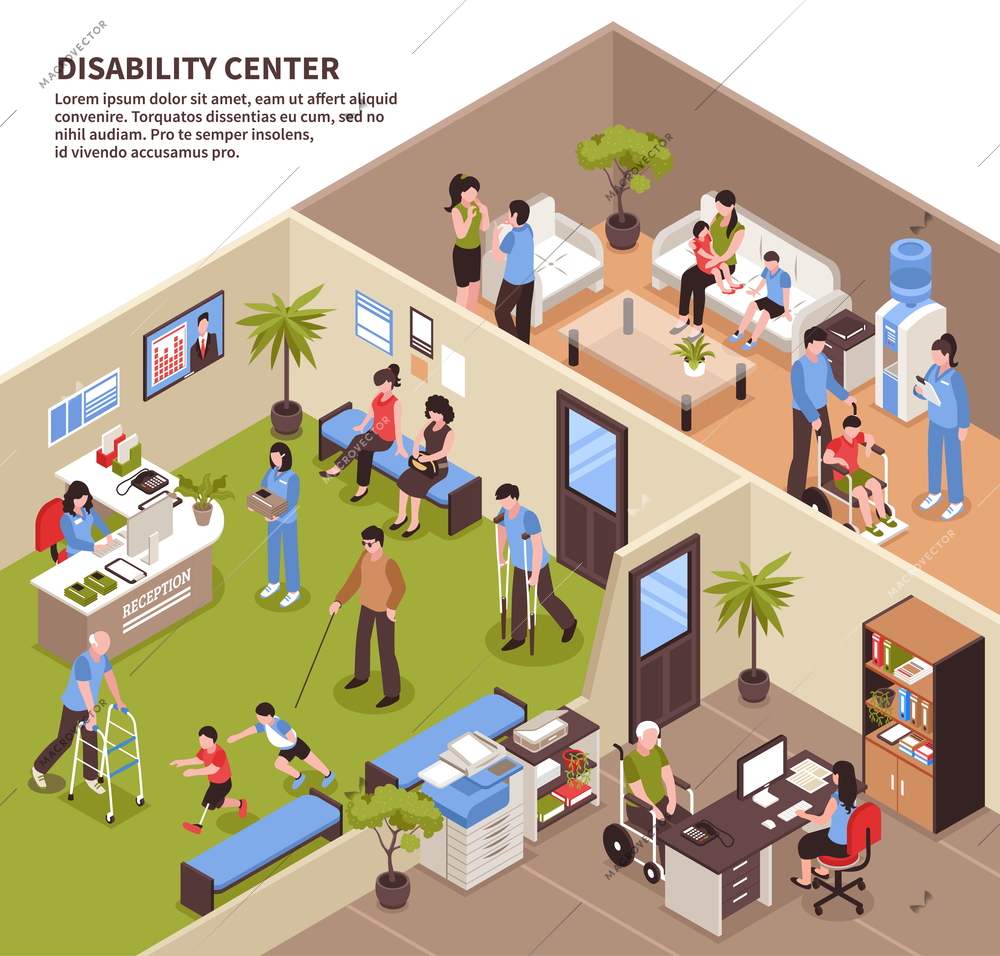 Social service disabled people composition with view of isometric office interior for people with reduced capabilities vector illustration