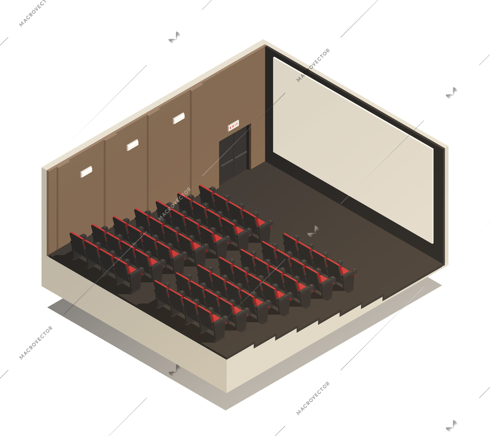 Empty cinema auditorium isometric composition with rows of spectator seats  and wide screen 3d vector illustration