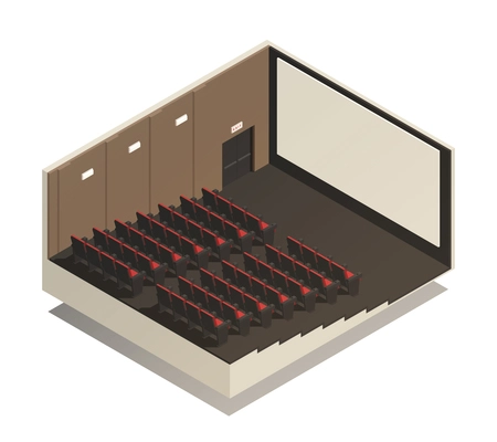 Empty cinema auditorium isometric composition with rows of spectator seats  and wide screen 3d vector illustration