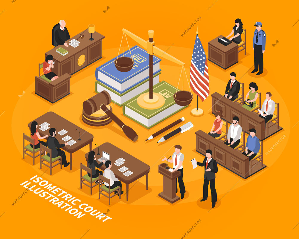 Court hearing isometric vector illustration with american flag justice symbols jury court victim advocate witness prosecutor characters