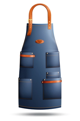 Realistic denim apron with pockets, metal rivets and clasp on loop isolated on white background vector illustration