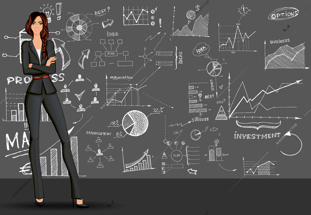 Young beautiful long legged  business woman against the doodle style  sketch background in formal suit vector illustration