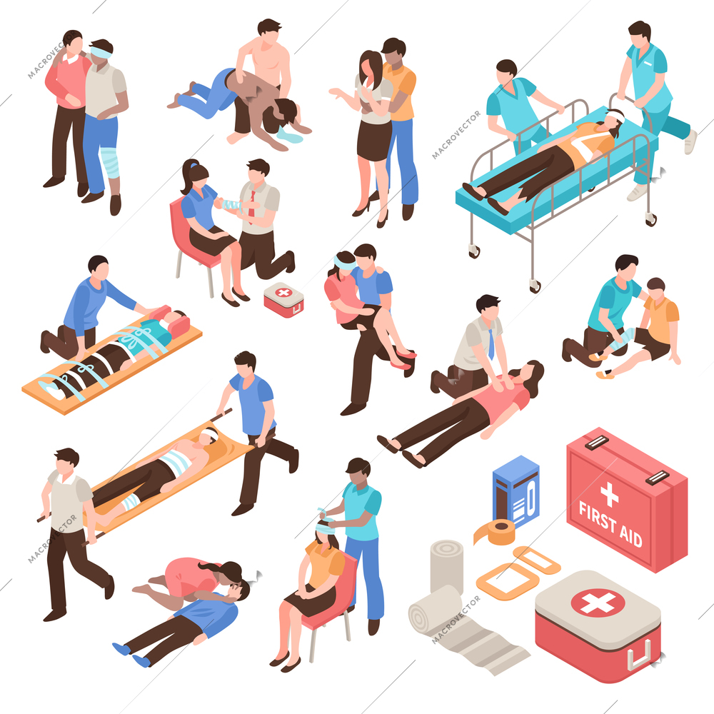 First aid isometric set with people during help victim persons, emergency care kit isolated vector illustration