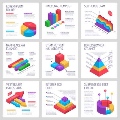 Isometric diagrams infographics banners collection with compositions of text and nine isolated colourful three-dimensional graphs vector illustration