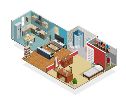 House interior isometric concept with bedroom bathroom and wardrobe vector illustration