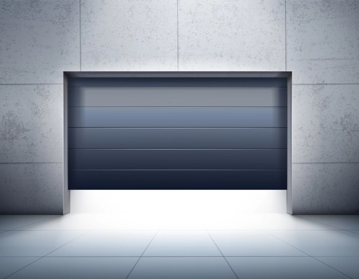 Garage realistic composition with grey tiled walls and floor and opening of dark shutter door vector illustration