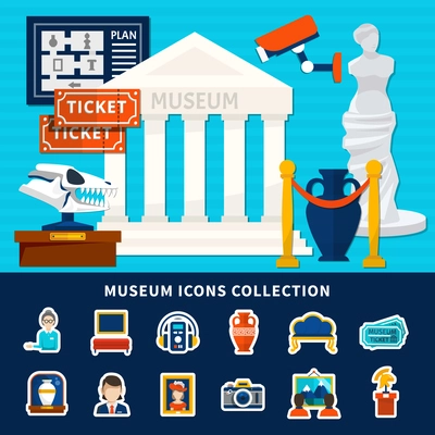 Museum icons collection of antique exposure caretaker ticket artworks  museum building with title and columns flat vector illustration