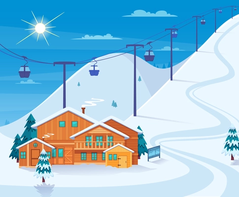 Winter skiing resort with snow hotel and ski lifts flat vector illustration