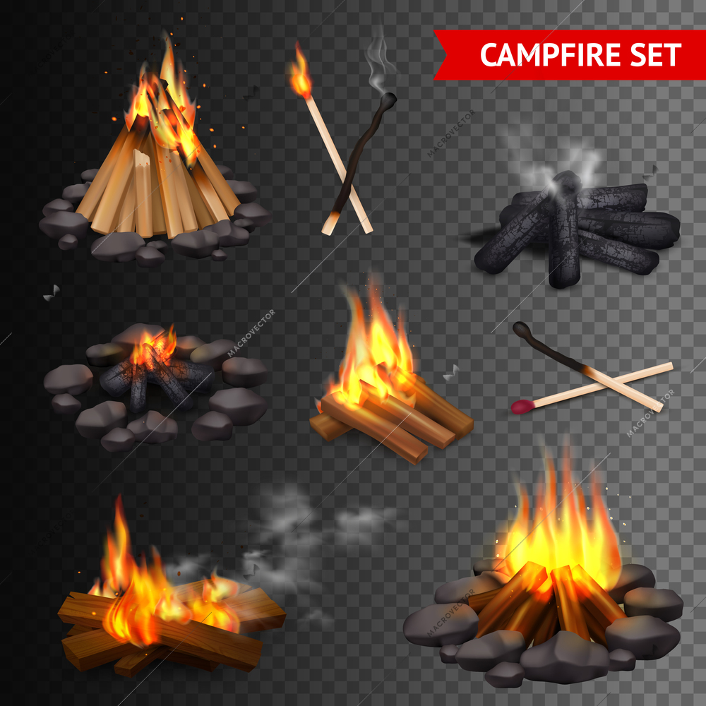 Realistic campfire transparent set of isolated bonfire images with lump wood stones and firebrands with smoke vector illustration