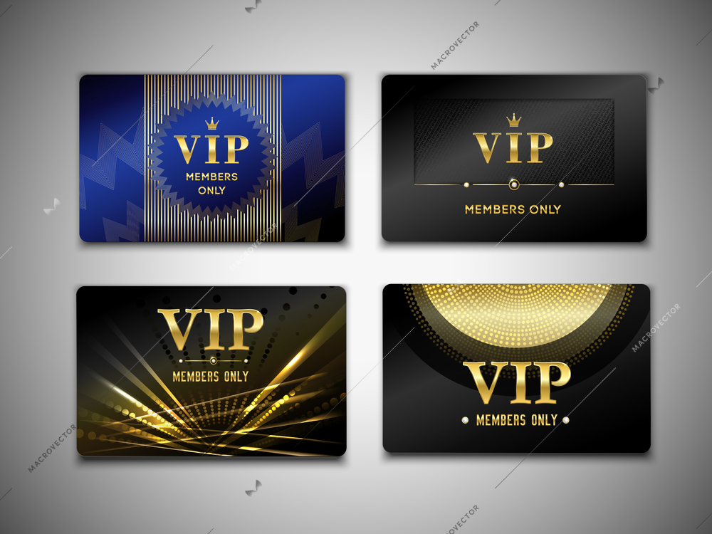 Vip cards design template on black background with inscription member only, golden geometric elements isolated vector illustration