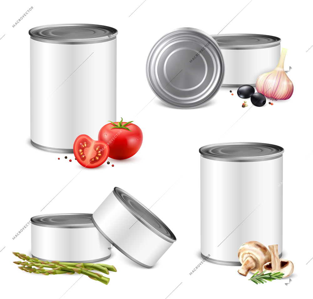 3d can mockup vegetables set of isolated preserve tin images with no branding and vegetable pieces vector illustration