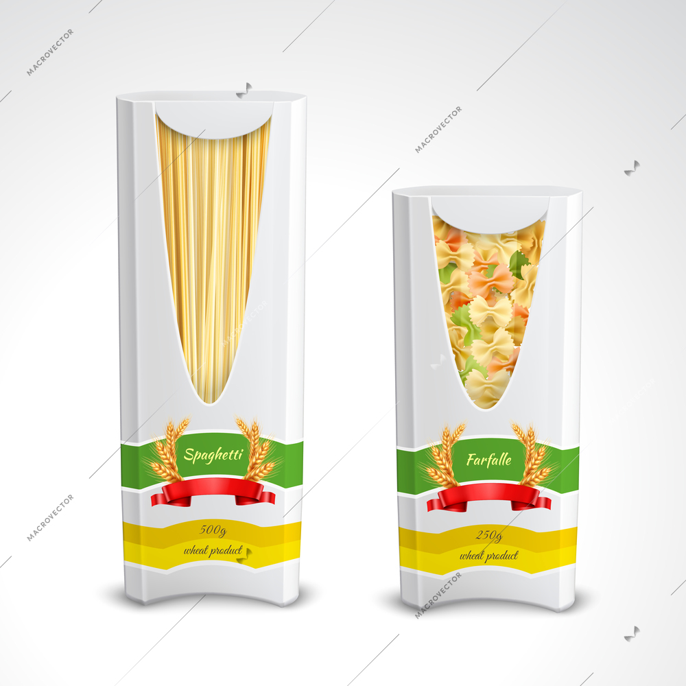 Set of realistic cardboard package with wreaths of spikelets with pasta spaghetti and farfalle isolated vector illustration