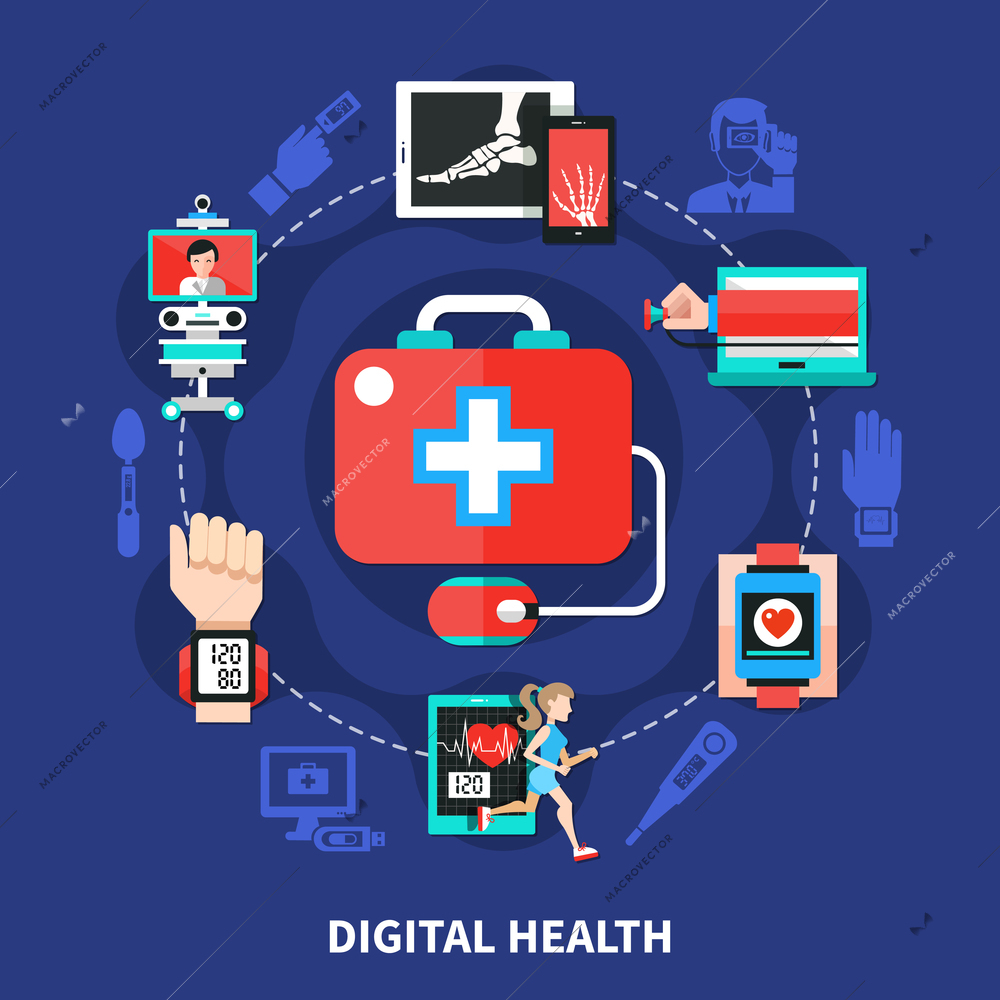 Digital healthcare symbols flat circle composition with mobile medical devices measuring body functions and parameters vector illustration